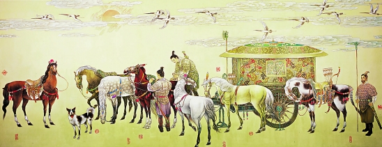 赵文元 待巡图（秦始皇七名马） 400×130cm 2009年.jpg