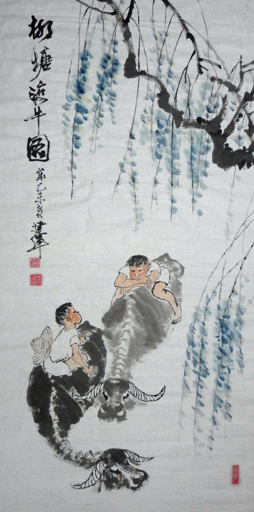 李建辉：“柳塘渡牛图”136X68CM.JPG